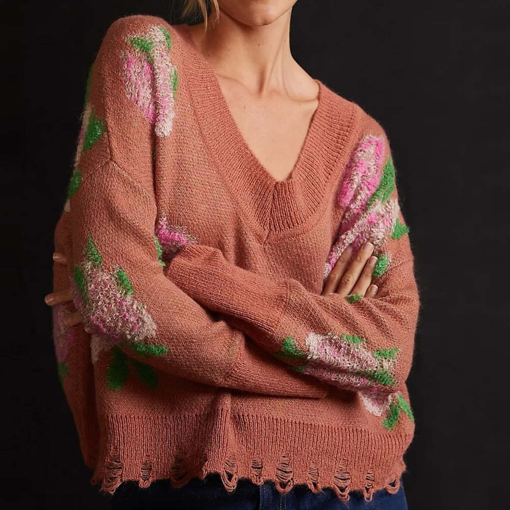 By Anthropologie Drop Shoulder V-Neck Sweater